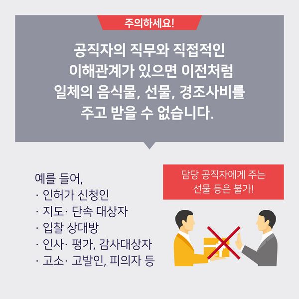 주의하세요! 공직자의 직무와 직접적인 이해관계가 있으면 이전처럼 일체의 음식물, 선물, 경조사비를 주고 받을 수 없습니다. 예를 들어,
- 인허가 신청인
- 지도- 단속 대상자
- 입찰 상대방
- 인사·평가, 감사대상자
- 고소·고발인, 피의자 등 / 담당 공직자에게 주는 선물 등은 불가!