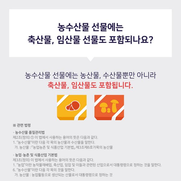 농수산물 선물에는
축산물, 임산물 선물도 포함되나요? 농수산물 선물에는 농산물,수산물뿐만 아니라 축산물,임산물도 포함됩니다. ※관련법령
■농수산물 품질관리법 - 제2조(정의) ① 이 법에서 사용하는 용어의 뜻은 다음과 같다.
1. 