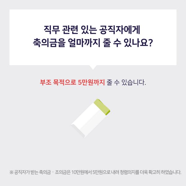직무 관련 있는 공직자에게
축의금을 얼마까지 줄 수 있나요? 부조 목적으로 5만원까지 줄 수 있습니다. ※공직자가 받는축의금 ? 조의금은10만원에서 5만원으로 내려 청렴의지를 더욱 확고히 하였습니다.