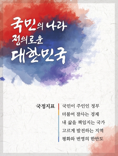 국민의 나라 정의로운 대한민국 국정지표 국민이 주인인 정부 더불어 잘사는 경제 내 삶을 책임지는 국가 고르게 발전하는 지역 평화와 번영의 한반도