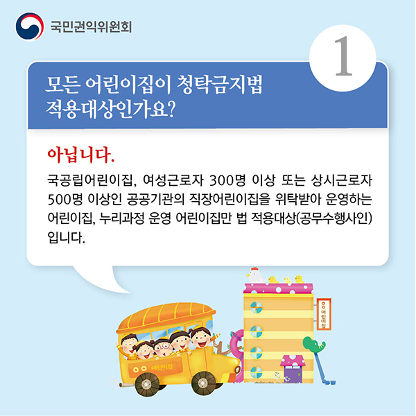 1.모든 어린이집이 청탁금지법 적용대상인가요? 아닙니다. 국공립어린이집, 여성근로자 300명 이상 또는 상시근로자 500명 이상인 공공기관의 직장어린이집을 위탁받아 운영하는 어린이집, 누리과정 운영 어린이집만 법 적용대상(공무수행사인)입니다.