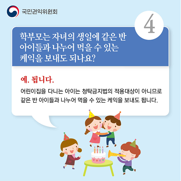 4.학부모는 자녀의 생일에 같은 반 아이들과 나누어 먹을 수 있는 케익을 보내도 되나요? 예. 됩니다. 어린이집을 다니는 아이는 청탁금지법의 적용대상이 아니므로 같은 반 아이들과 나누어 먹을 수 있는 케익을 보내도 됩니다.