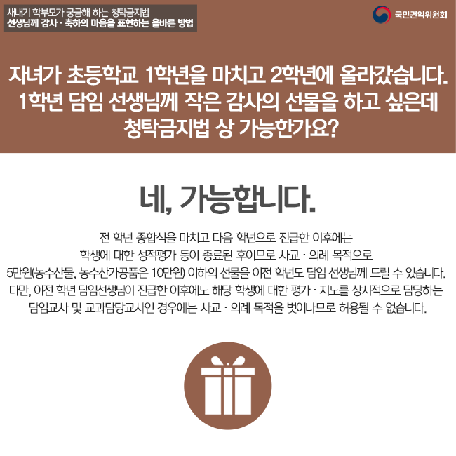 자녀가 초등학교 1학년을 마치고 2학년에 올라갔습니다. 1학년 담임 선생님께 작은 감사의 선물을 하고 싶은데 청탁금지법 상 가능한가요? 네 가능합니다. 전 학년 종합식을 마치고 다음 학년으로 진급한 이후에는 학생에 대한 성적평가 등이 종료된 후이므로 사교·의례 목적으로 5만원(농수산물,농수산가공품은 10만원)이하의 선물을 이전 학년도 담임 선생님께 드릴 수 있습니다. 다만, 이전 학년 담임선생님이 진급한 이후에도 해당 학생에 대한 평가·지도를 상시적으로 담당하는 담임교사 및 교과담당교사인 경우에는 사교·의례 목적을 벗어나므로 허용될 수 없습니다.