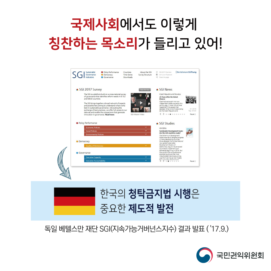 국제사회에서도 이렇게 칭찬하는 목소리가 들리고 있어(한국의 청탁금지법 시행은 중요한 제도적 발전-독일 베텔스만 재단SGI(지속가능거버넌스지수)결과 발표('17.9))