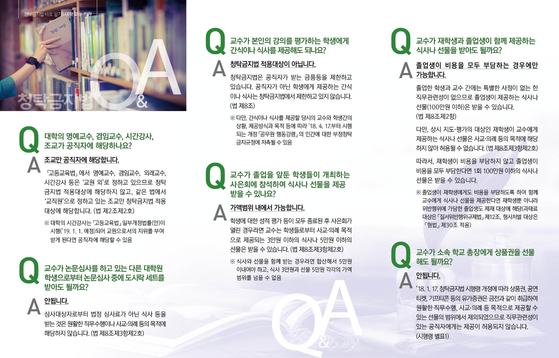 Q.대학의 명예교수, 겸임교수, 시간강사,조교가 공직자에 해당하나요?A.조교만 공직자에 해당합니다.「고등교육법」에서 명예교수, 겸임교수, 외래교수,시간강사 등은 ‘교원 외’로 정하고 있으므로 청탁금지법 적용대상에 해당하지 않고, 같은 법에서‘교직원’으로 정하고 있는 조교만 청탁금지법 적용대상에 해당합니다. (법 제2조제2호)※ 대학의 시간강사는「고등교육법」일부개정법률(안)이시행(’19. 1. 1. 예정)되어 교원으로서의 지위를 부여받게 된다면 공직자에 해당할 수 있음 / Q.교수가 논문심사를 하고 있는 다른 대학원학생으로부터 논문심사 중에 도시락 세트를받아도 될까요?A.안됩니다.심사대상자로부터 법정 심사료가 아닌 식사 등을받는 것은 원활한 직무수행이나 사교·의례 등의 목적에해당하지 않습니다. (법 제8조제3항제2호) / Q.교수가 본인의 강의를 평가하는 학생에게간식이나 식사를 제공해도 되나요?A.청탁금지법 적용대상이 아닙니다.청탁금지법은 공직자가 받는 금품등을 제한하고있습니다. 공직자가 아닌 학생에게 제공하는 간식이나 식사는 청탁금지법에서 제한하고 있지 않습니다.(법 제8조)※ 다만, 간식이나 식사를 제공할 당시의 교수와 학생간의상황, 제공방식과 목적 등에 따라 ’18. 4. 17.부터 시행되는 개정「공무원 행동강령」의 민간에 대한 부정청탁금지규정에 저촉될 수 있음 / Q.교수가 졸업을 앞둔 학생들이 개최하는사은회에 참석하여 식사나 선물을 제공받을 수 있나요?A.가액범위 내에서 가능합니다.학생에 대한 성적 평가 등이 모두 종료된 후 사은회가열린 경우라면 교수는 학생들로부터 사교·의례 목적으로 제공되는 3만원 이하의 식사나 5만원 이하의선물은 받을 수 있습니다. (법 제8조제3항제2호)※ 식사와 선물을 함께 받는 경우라면 합산해서 5만원이내여야 하고, 식사 3만원과 선물 5만원 각각의 가액범위를 넘을 수 없음 / Q.교수가 재학생과 졸업생이 함께 제공하는식사나 선물을 받아도 될까요?A.졸업생이 비용을 모두 부담하는 경우에만가능합니다.졸업한 학생과 교수 간에는 특별한 사정이 없는 한직무관련성이 없으므로 졸업생이 제공하는 식사나선물(100만원 이하)은 받을 수 있습니다.(법 제8조제2항)다만, 상시 지도·평가의 대상인 재학생이 교수에게제공하는 식사나 선물은 사교·의례 등의 목적에 해당하지 않아 허용될 수 없습니다. (법 제8조제3항제2호)따라서, 재학생이 비용을 부담하지 않고 졸업생이비용을 모두 부담한다면 1회 100만원 이하의 식사나선물은 받을 수 있습니다.※ 졸업생이 재학생에게도 비용을 부담하도록 하여 함께교수에게 식사나 선물을 제공한다면 재학생뿐 아니라위반행위에 가담한 졸업생도 제재 대상에 해당(과태료대상은「질서위반행위규제법」제12조, 형사처벌 대상은「형법」제30조 적용) / Q.교수가 소속 학교 총장에게 상품권을 선물해도 될까요?A.안됩니다.’18. 1. 17. 청탁금지법 시행령 개정에 따라 상품권, 공연티켓, 기프티콘 등의 유가증권은 금전과 같이 취급하여원활한 직무수행, 사교·의례 등 목적으로 제공할 수있는 선물의 범위에서 제외되었으므로 직무관련성이있는 공직자에게는 제공이 허용되지 않습니다.(시행령 별표1)