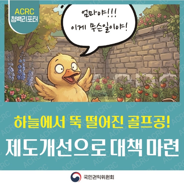 마당이나 도로로 골프공이 불쑥 날아와 놀라셨던 적 있으신가요? 실외골프연습장 주변에 살던 이웃들은 언제 떨어질지 모르는 골프공 때문에 가슴을 졸여야 했고, 실제로 차량 유리가 깨지는 등 크고 작은 피해와 민원이 끊이지 않았답니다. 이런 주민들의 불안을 싹~ 날려버리기 위해, 드디어 국민권익위원회가 든든한 안전 대책을 마련했습니다! 이제 날아오는 골프공에 가슴 철렁할 일 없이, 우리 동네 주민도, 연습장 이용자도 모두가 마음 편히 미소 짓는 안전한 일상이 시작되길 기대해 봅니다! 기사 2026 #청백리포터 홍우석 웹툰 함께 읽어보세요 하늘에서 날아온 골프공! 안전하게 관리해 주세요~ <img src=