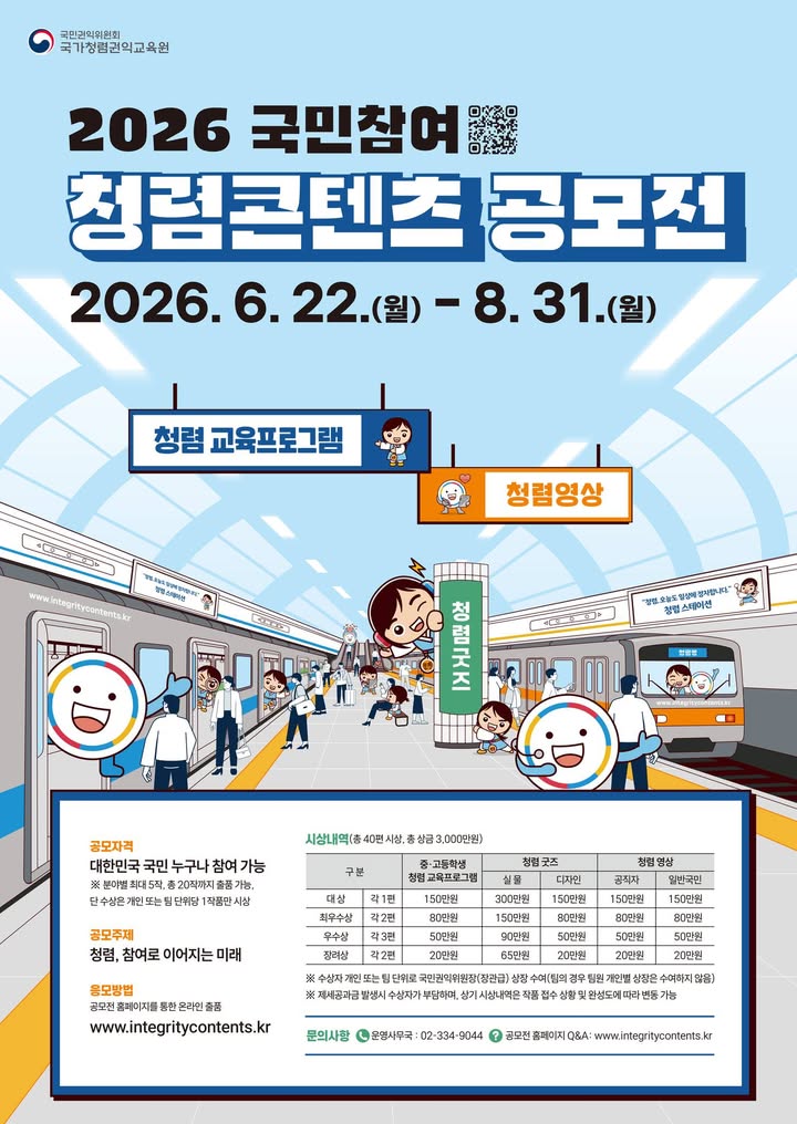 📢 2026 국민참여 청렴콘텐츠 공모전

국민과 함께 만드는 청렴한 미래!

국민권익위원회 국가청렴권익교육원이 
「2026 국민참여 청렴콘텐츠 공모전」을 개최합니다. 
청렴의 가치를 쉽고 재미있게 전달할 수 있는 
다양한 콘텐츠를 통해 여러분의 아이디어를 마음껏 펼쳐보세요.

🗓 접수기간
2026. 6. 22.(월) ~ 8. 31.(월)

👥 참가자격
대한민국 국민 누구나 참여 가능
※ 본인별 최대 5작품, 총 20작품까지 출품 가능
※ 수상은 개인 또는 팀 단위로 1작품만 가능

🎯 공모주제
청렴, 참여로 이어지는 미래

📂 공모분야
✔ 청렴 교육프로그램(중·고등학생 대상)
✔ 청렴 굿즈(실물·디자인)
✔ 청렴 영상(공직자·일반국민)

🏆 시상규모
총 40편 시상, 총상금 3,000만 원

💻 접수방법
공모전 홈페이지 온라인 접수
www.integritycontents.kr

#국민권익위원회 #국가청렴권익교육원 #청렴콘텐츠공모전 #청렴 #국민참여