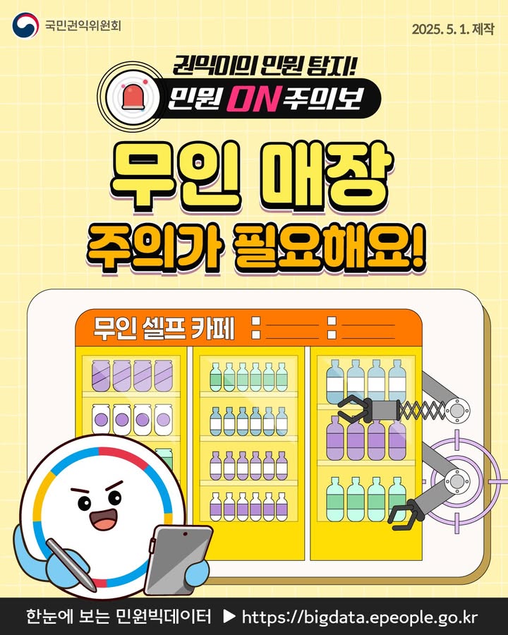국민권익위원회 2025.5.1.제작 
권익이의 민원 탐지! 민원 ON 주의보 
무인 매장 주의가 필요해요! 
무인 셀프 카페 
한눈에 보는 민원빅데이터 ▶https://bigdata.epoeple.go.kr