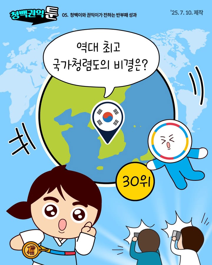청백권익툰 05.청백이와 권익이가 전하는 반부패 성과 '25.7.10.제작
역대 최고 국가청렴도의 비결은? 30위