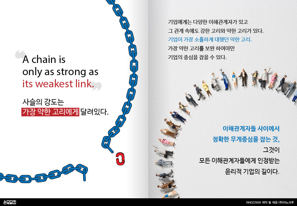 A chain is only as strong as its weakest link. 사슬의 강도는 가장 약한 고리에 달려있다. 기업에게는 다양한 이해관계자가 있고 그 관계 속에서도 강한 고리와 약한 고리가 있다. 기업이 가장 소홀하게 대했던 약한 고리. 가장 약한 고리를 보완 하여야만 기업의 중심을 잡을 수 있다. 이해관계자들 사이에서 정확한 무게중심을 잡는 것, 이것이 모든 이해관계자들에게 인정받는 윤리적 기업의 길이다. 