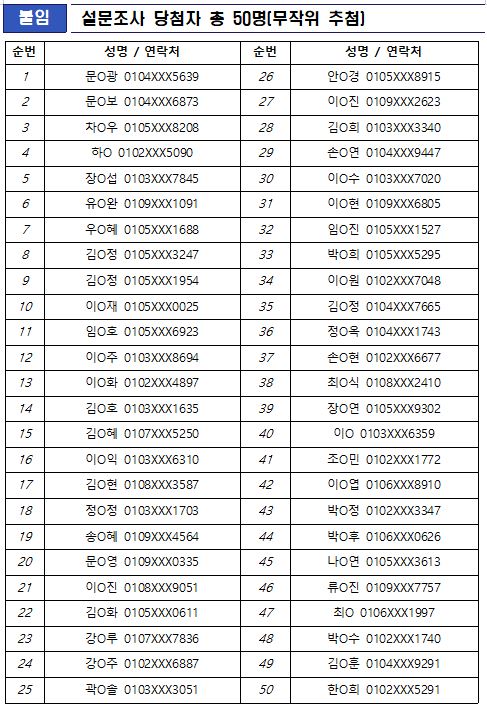 홈페이지 설문조사 이벤트 당첨자 50명