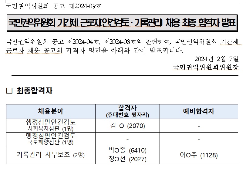 기간제 최종 합격자 발표