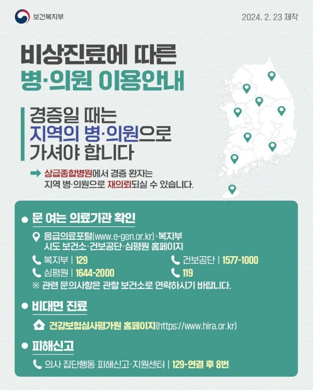 보건복지부 2024.2.23.제작
비상진료에 따른 병·의원 이용안내
경증일 때는 지역의 병·의원으로 가셔야 합니다
→상급종합병원에서 경증 환자는 지역 병·의원으로 재의뢰되실 수 있습니다.
●문 여는 의료기관 확인
-응급의료포털(www.e-gen.or.kr)·복지부 시도 보건소·건보공단·심평원 홈페이지
☎복지부 | 129
☎건보공단 | 1577-1000
☎심평원 | 1644-2000
☎119
※관련 문의사항은 관할 보건소로 연락하시기 바랍니다.
●비대면 진료
건강보험심사평가원 홈페이지(https://www.hira.or.kr)
●피해신고
☎의사 집단행동 피해신고·지원센터 | 129-연결 후 8번