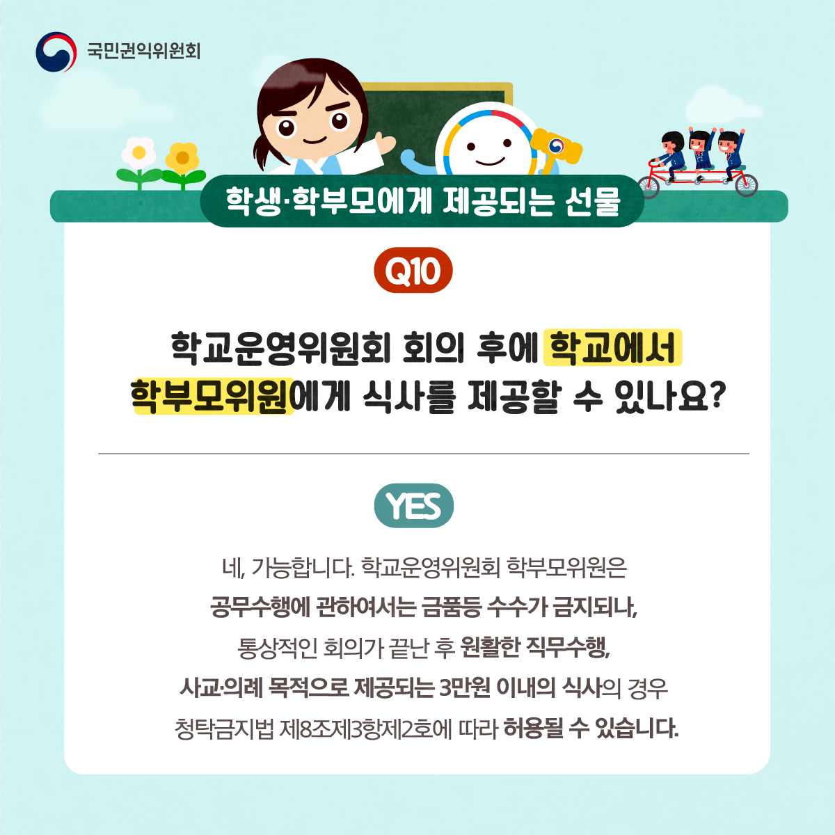 국민권익위원회
학생·학부모에게 제공되는 선물
Q10 학교운영위원회 회의 후에 학교에서 학부모위원에게 식사를 제공할 수 있나요?
YES 네, 가능합니다. 학교운영위원회 학부모위원은 공무수행에 관하여서는 금품등 수수가 금지되나, 통상적인 회의가 끝난 후 원활한 직무수행, 사교·의례 목적으로 제공되는 3만원 이내의 식사의 경우 청탁금지법 제8조제3항제2호에 따라 허용될 수 있습니다.