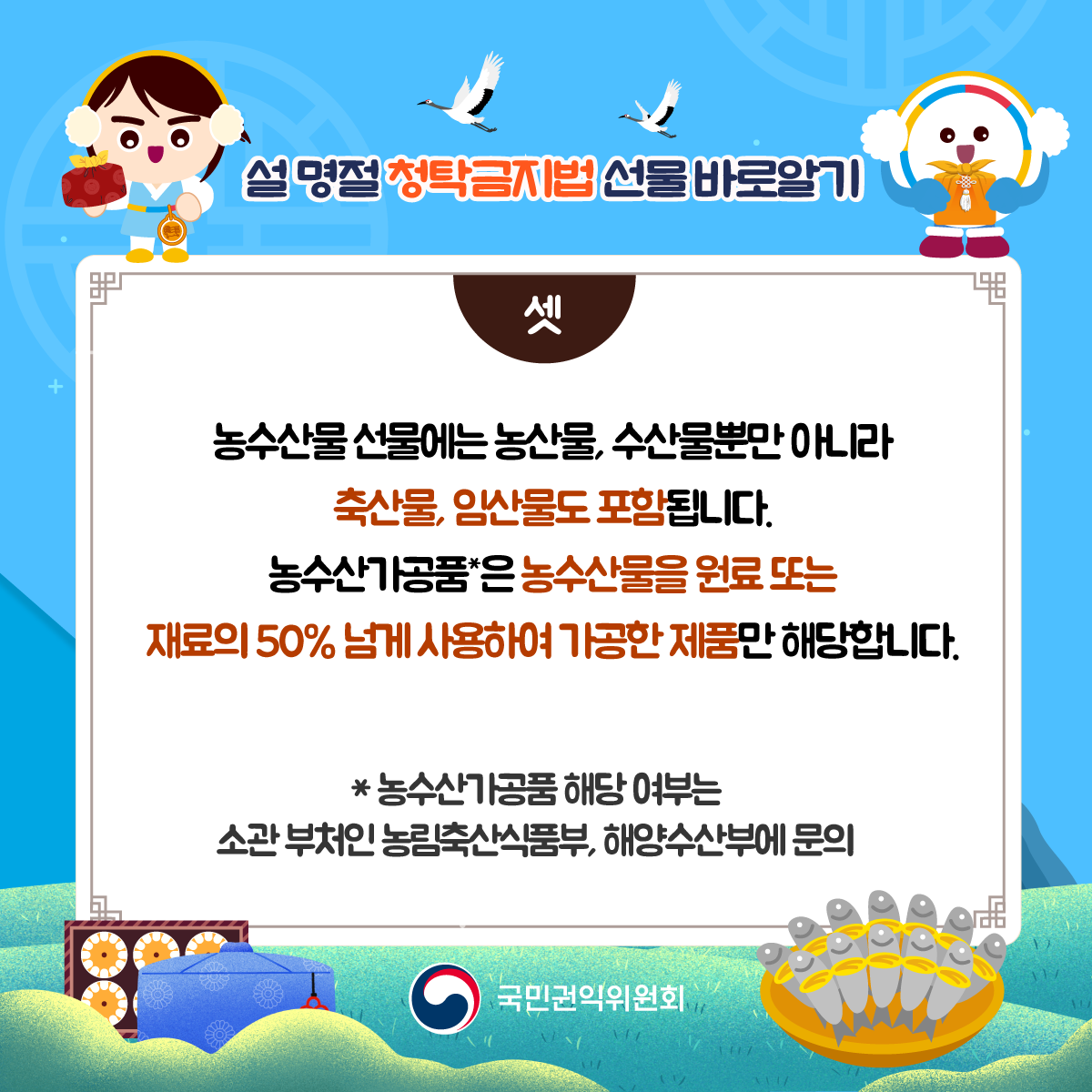 설 명절 청탁금지법 선물 바로알기 <셋 /> 농수산물 선물에는 농수산, 수산물뿐만 아니라  축산물, 임산물도 포함됩니다. 농수산가공품*은 농수산물을 원료 또는 재료의 50%를 넘게 사용하여 가공한 제품만 해당합니다. *농수산가공품 해당여부는 소관 부처인 농림수산식품부, 해양수산부에 문의 국민권익위원회