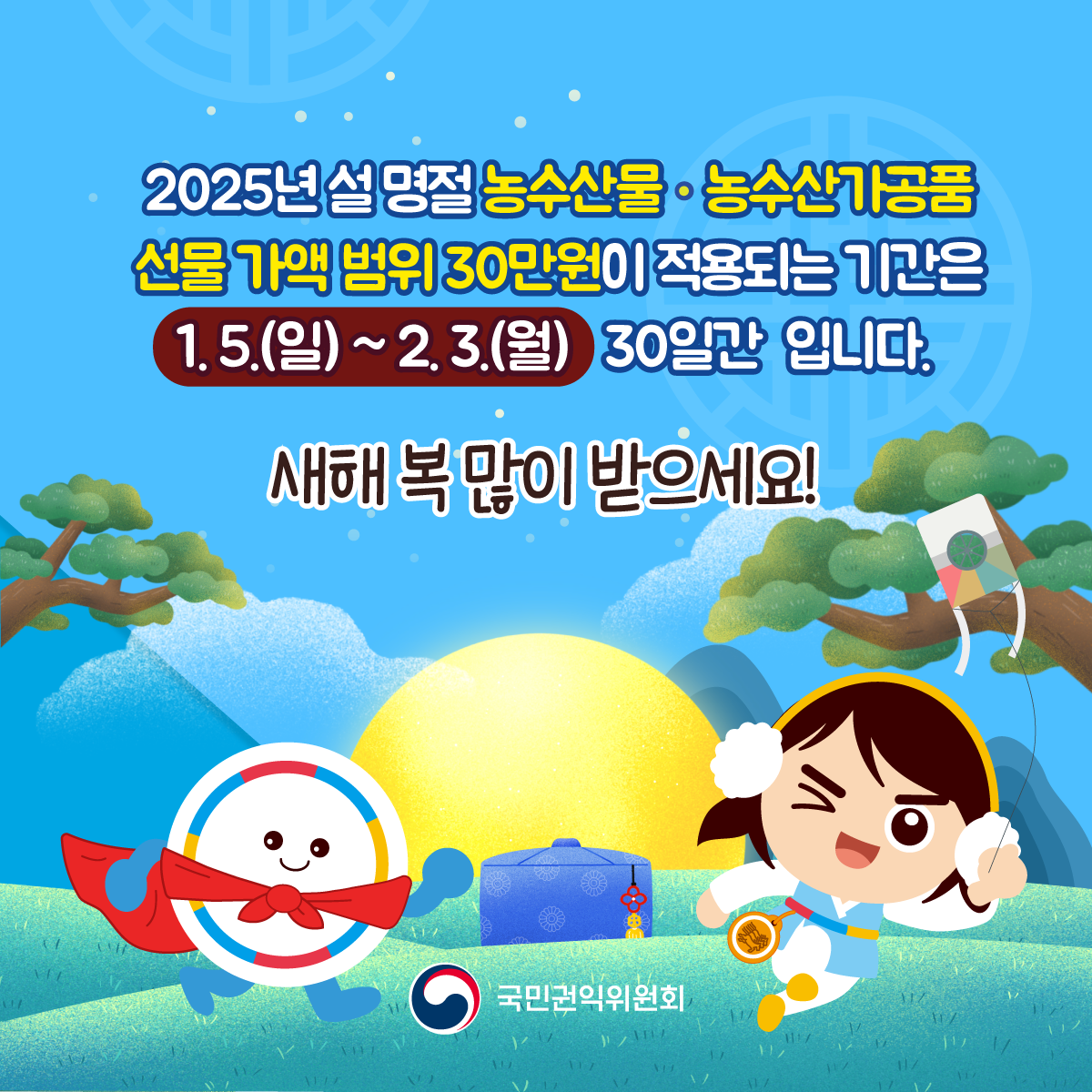 2025년 설 명절 농수산물·농수산가공품 선물 가액 범위 30만원이 적용되는 기간은 1.5.(월)~2.3(월) 30일간 입니다. 새해 복 많이 받으세요! 국민권익위원회