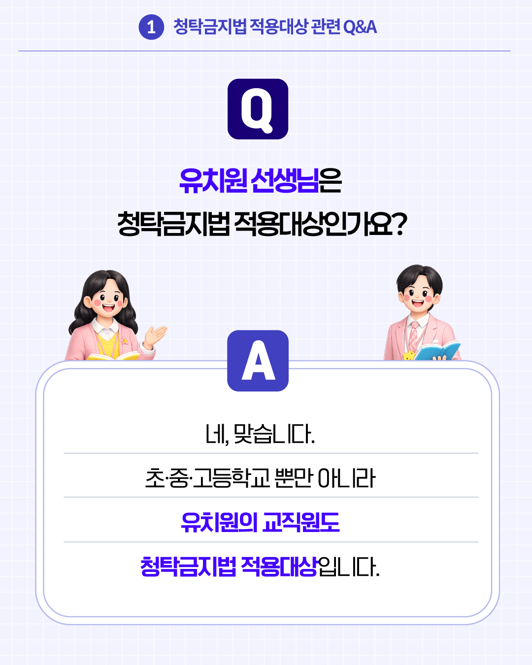 1.청탁금지법 적용대상 관련 Q&A
Q. 유치원 선생님은 청탁금지법 적용대상인가요?
A. 네 맞습니다. 초·중·고등학교 뿐만 아니라 유치원의 교직원도 청탁금지법 적용대상입니다.