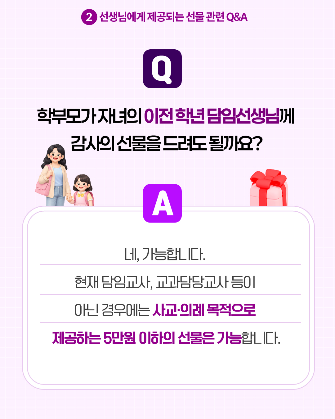 2.선생님에게 제공되는 선물 관련 Q&A
Q. 학부모가 자녀의 이전 학년 담임선생님께 감사의 선물을 드려도 될까요?
A. 네, 가능합니다. 현재 담임교사, 교과담당교사 등이 아닌 경우에는 사교·의례 목적으로 제공하는 5만원 이하의 선물은 가능합니다.