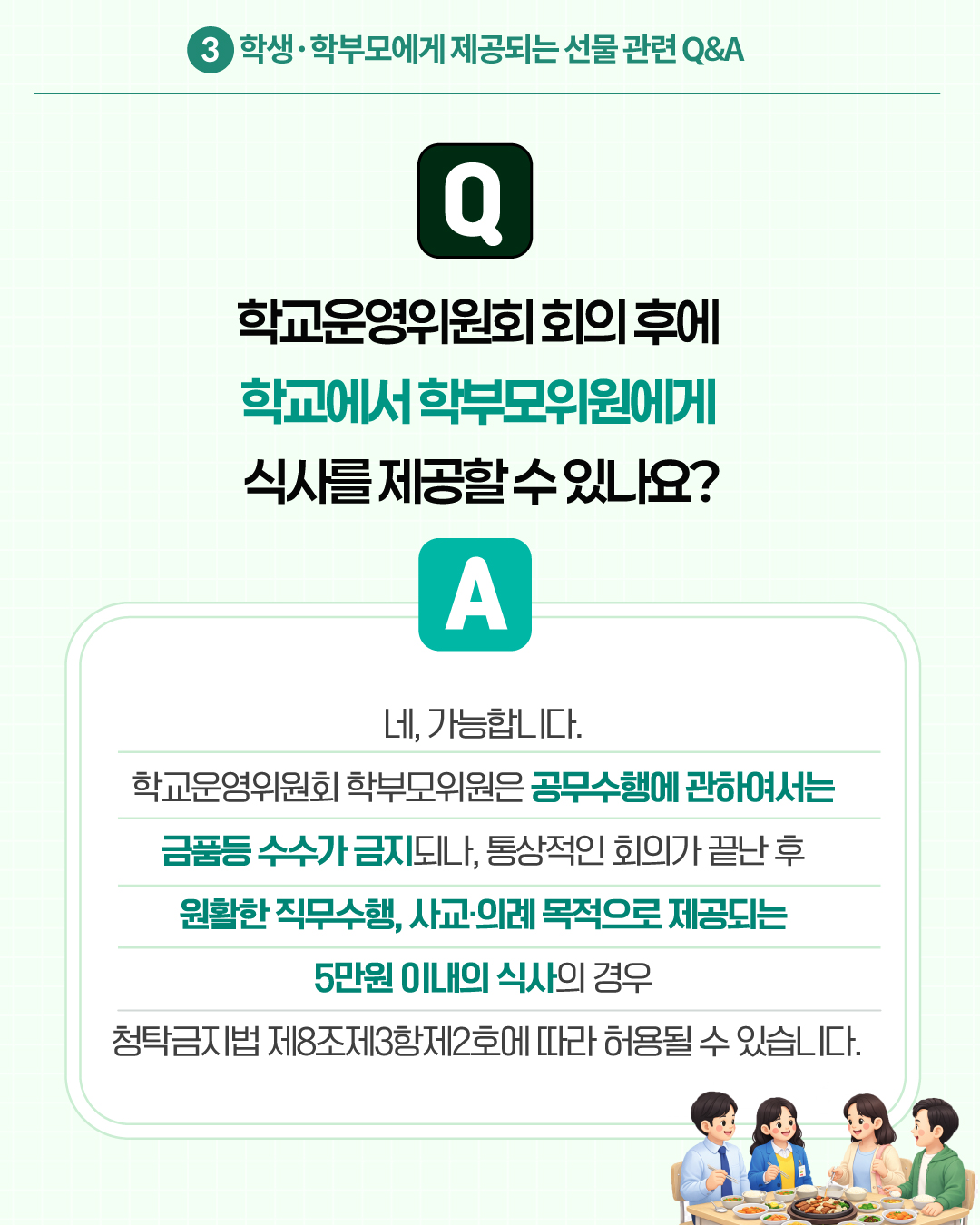 3.학생·학부모에게 제공되는 선물 관련 Q&A
Q. 학교운영위원회 회의 후에 학교에서 학부모위원에게 식사를 제공할 수 있나요?
A. 네, 가능합니다. 학교운영위원회 학부모위원은 공무수행에 관하여서는 금품등 수수가 금지되나, 통상적인 회의가 끝난 후 원활한 직무수행, 사교·의례 목적으로 제공되는 5만원 이내의 식사의 경우 청탁금지법 제8조제3항제2호에 따라 허용될 수 있습니다.