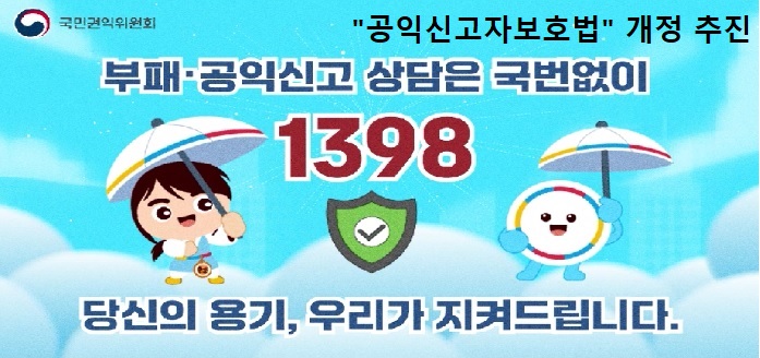 국민권익위원회 공익신고자보호법 개정 추진 부패공익신고 상담은 국번없이 1398 당신의 용기, 우리가 지켜드립니다.