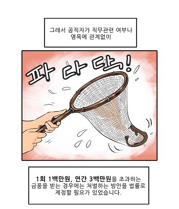 그래서 공직자가 직무관련 여부나 명목에 관계없이 1회 1백만원, 연간 3백만원을 초과하는 금품을 받는 경우에는 처벌하는 방안을 법률로 제정할 필요가 있었습니다.