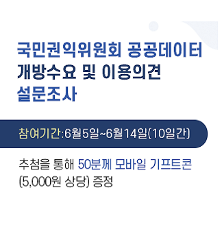 국민권익위원회 공공데이터 개방수요 및 이용의견 설문조사참여기간 6월5일부터 6월14일추첨을 통해 50분께 모바일 기프트콘(5,000원 상당)증정