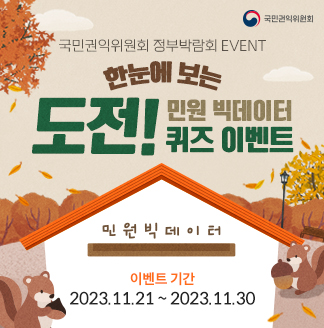 한눈에 보는 도전 민원 빅데이터 퀴즈 이벤트이벤트기간 23.11.21. 부터 2023.11.30. 까지