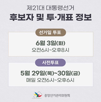 제21대 대통령선거 후보자 및 투·개표 정보 선거일 투표 6월 3일(화) 오전6시~오후8시 사전투표 5월 29일(목)~30일(금) 매일 오전6시~오후6시 중앙선거관리위원회