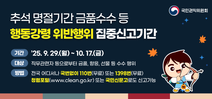 국민권익위원회 
추석 명절기간 금품수수 등 행동강령 위반행위 집중신고기간 
기간 '25.9.29.(월)~10.17.(금)
대상 직무관련자 등으로부터 금품, 향응, 선물 등 수수 행위
방법 전국 어디서나 국번없이 110번(무료) 또는 1398번(무료) 청렴포털(www.clean.go.kr) 또는 국민신문고로도 신고가능